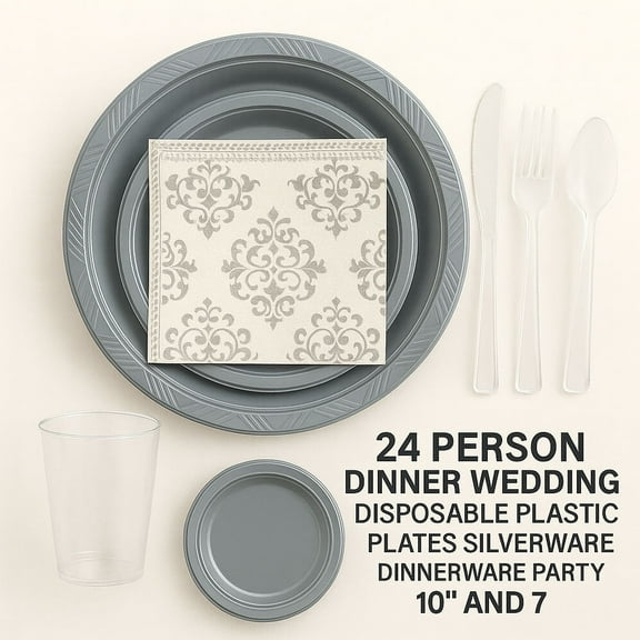 24 Person Dinner Wedding Party Disposable Dinnerware Set Gray Plastic Plates New