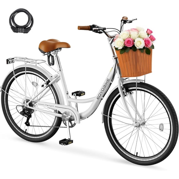 24'' Wheels Cruiser Bikes Bicycles for Adults, 7 Speed Bike with Basket for Women Men