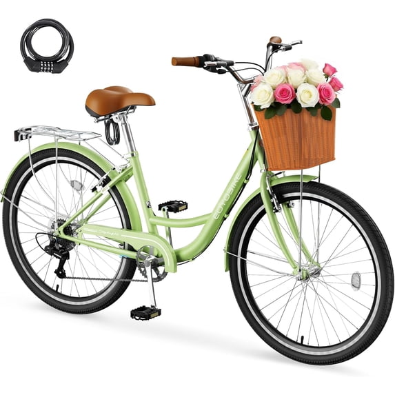24'' Wheels Cruiser Bikes Bicycles for Adults, 7 Speed Bike with Basket for Women Men