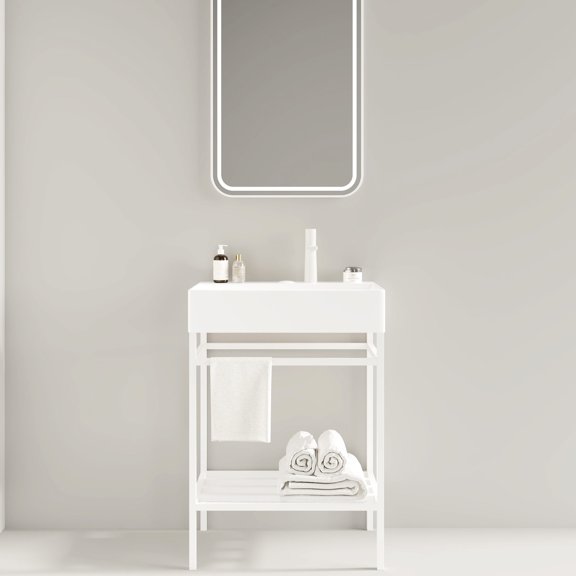 24" White Bathroom Console with High - performance Ceramic and Practical Iron Shelf