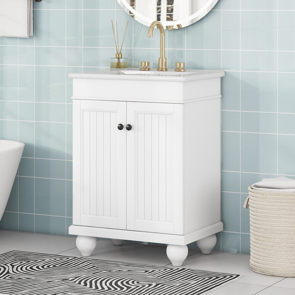 24" White Solid Wood Bathroom Vanity with Ceramic Sink