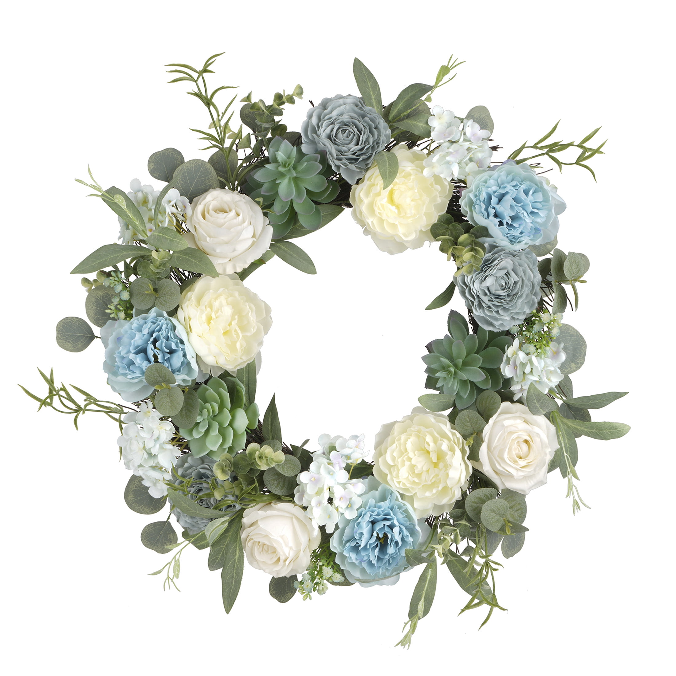 24" White and Blue Artificial Rose, Hydrangea, and Succulent Wreath