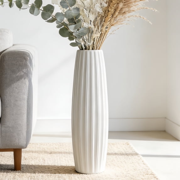 24" White Ceramic Decorative Vase, Tall Floor Vase for Dried Flowers and Home Décor