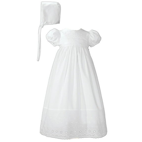 24" White Cotton Christening Baptism Gown with Floral Lace Border with Bonnet