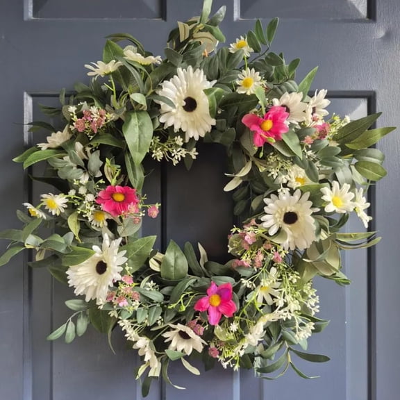 24" White Daisies and Green Leaf Wreath with Pink Accent, Wall Hanging Floral Wreath, Decorative Door Flower Ring, 24 "W x 24 "H x 4 "D, Floral Wall Hanging for Livingroom Bedroom