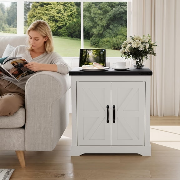 🔌24" White Farmhouse End Table | Rustic Wood Side Table with USB Charging & Barn Door - Ideal for Bedroom/Living Room