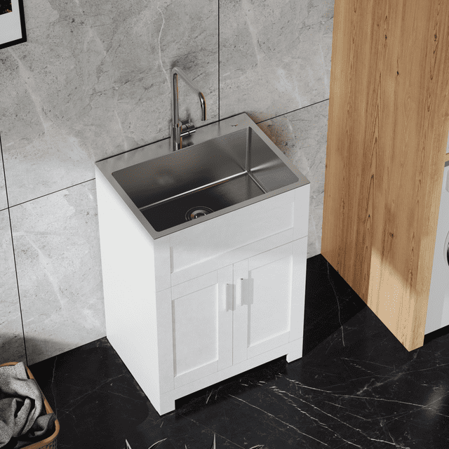 24" White Laundry Utility Cabinet w/ Stainless Steel Sink and Faucet Combo
