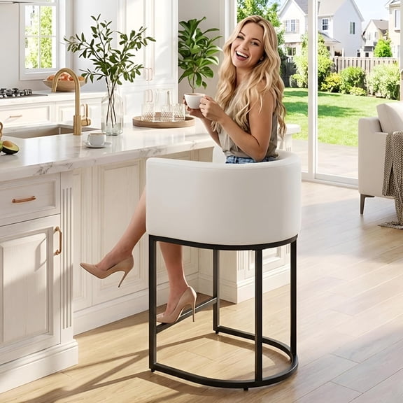 24" White Modern Barrel Counter Height Bar Stool, PU Leather Kitchen Island Barstool with Back, Black Metal Frame