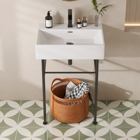 24" White Rectangular Console Bathroom Sink with Overflow