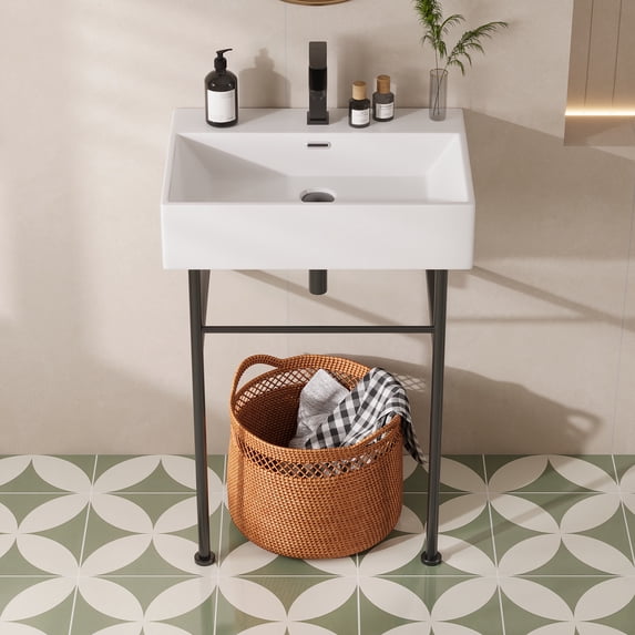 24" White Rectangular Console Bathroom Sink with Overflow