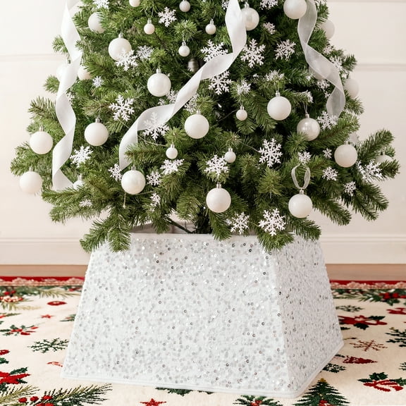24" White Sequin Christmas Tree Collar - 4-Piece Set, Sparkling Stand Cover for Festive Decor