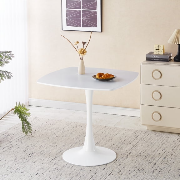 24" White Square Tulip Dining Table Metal Pedestal Base, Small Space Table for 2-3 Persons