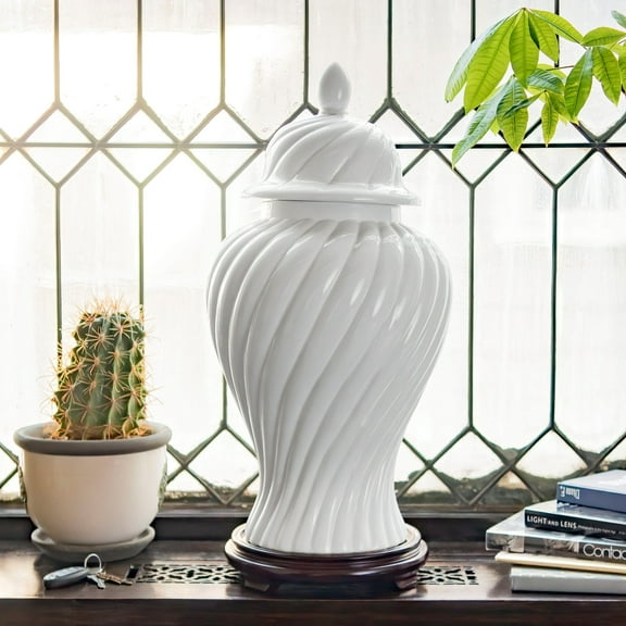 24" White Swirling Ridges Temple Jar