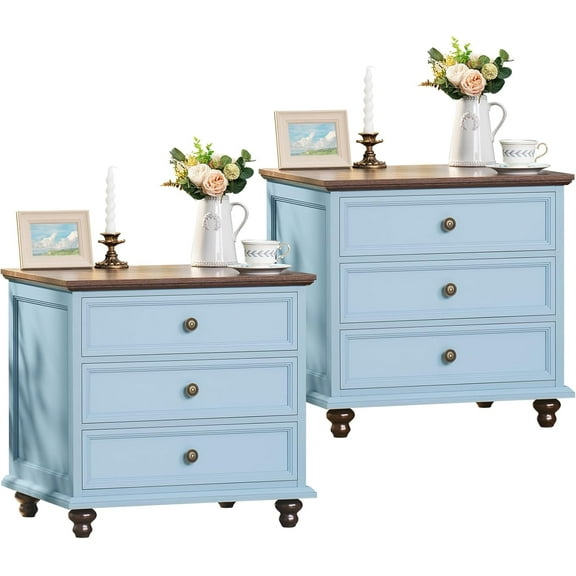 24" Wide Farmhouse Night Stand Set of 2,Large End Table with 3 Drawers & Metal Handle,Wood Dresser for Bedroom Cabinet,Light Blue Bed Side Table Chest of Drawers,Nightstand for Living Room