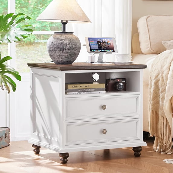 24" Wide Farmhouse Nightstand with Charging Station, End Table with 2 Drawers, White Wood Dresser for Bedroom Cabinet, Bed Side Table Chest of Drawers, Night Stand for Living Room, Closet