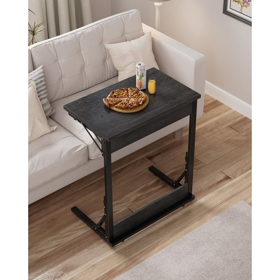 24" Wide Folding C-Shaped End Table, Small Side Desk for Couch, Sofa TV Tray Table with Metal Frame for Living Room, Bedroom, Light Gray