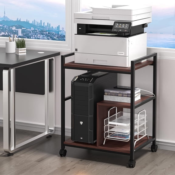 24" Wide Large Printer Stand with Storage, Printer Table for Home Office with Charging Station, Rolling Industrial Mobile Printer Cart with Lockable Wheels, Computer Tower Stand, Walnut