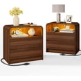 thumbnail image 1 of 24" Wide Night Stand Set of 2 with Charging Station & LED Light, 2 Handleless Drawers Nightstand with Open Shelf, End Table for Bedroom, Curved Profile, Walnut, 1 of 9