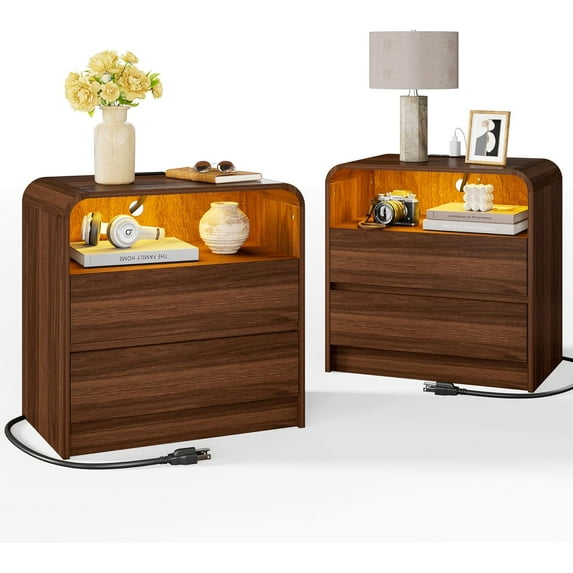24" Wide Night Stand Set of 2 with Charging Station & LED Light, 2 Handleless Drawers Nightstand with Open Shelf, End Table for Bedroom, Curved Profile, Walnut