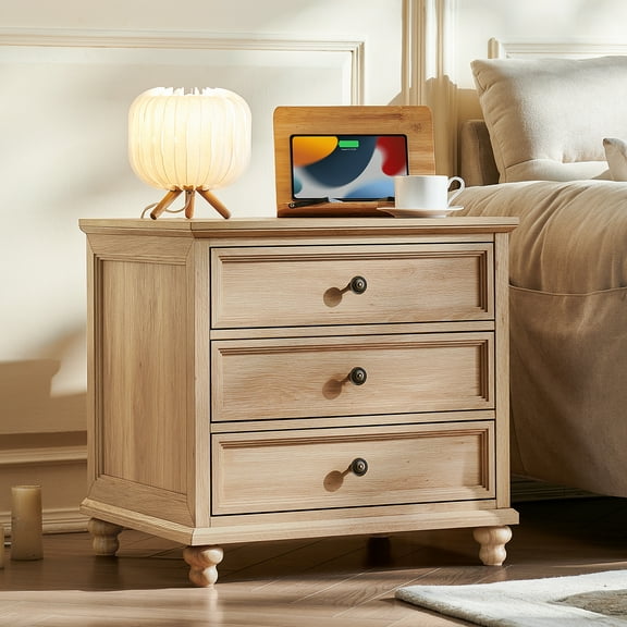 24" Wide Nightstand with 3 Drawers, Sofa Table for Living Room, Modern Wooden Storage Cabinet for Bedroom, Natural Oak