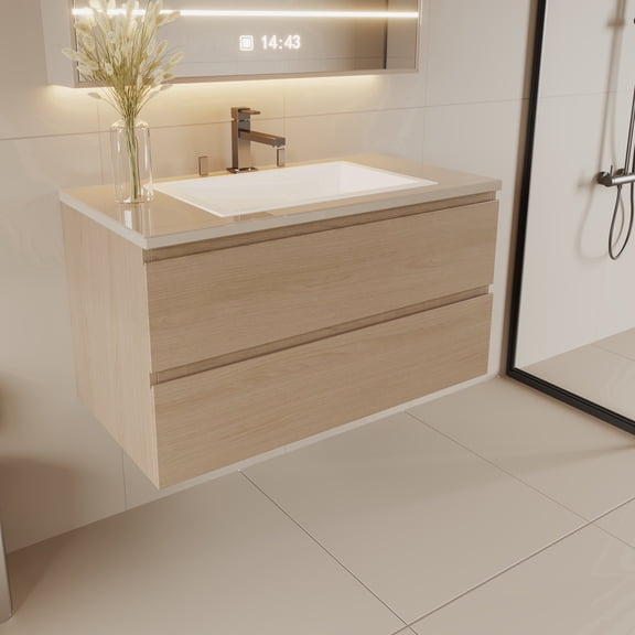 24" Width Wall-Mount Bathroom Vanity Modern Floating Vanity with Soft-Close Drawers, Laminate Doors, Plywood Construction, Cosmo Sand