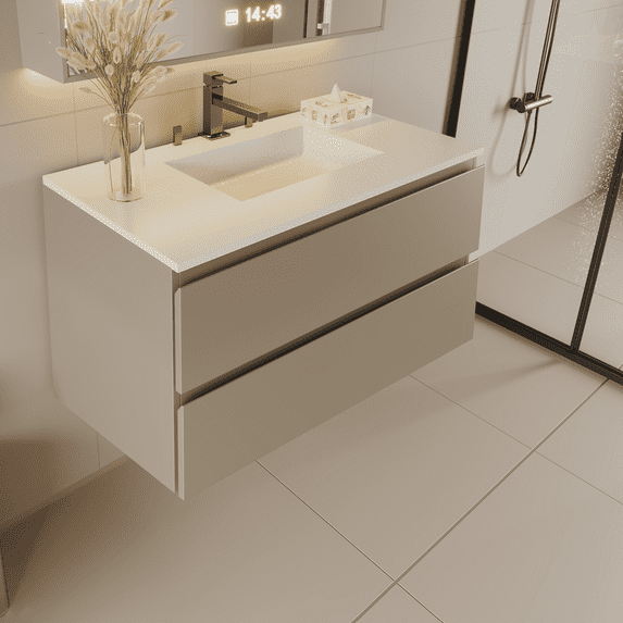 24" Width Wall-Mount Bathroom Vanity – Modern Floating Vanity with Soft-Close Drawers, Laminate Doors, Plywood Construction, Roma Clay