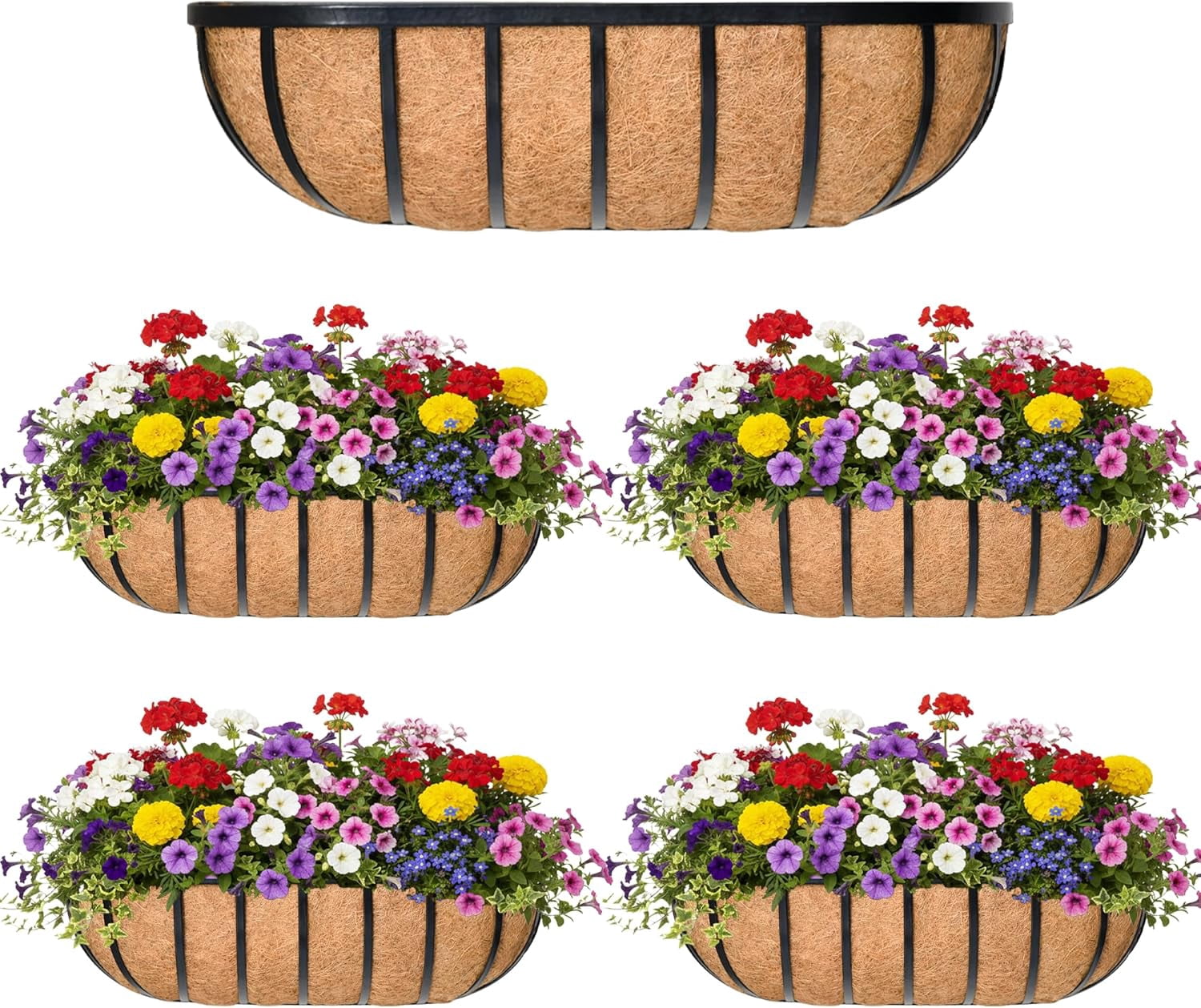 24“ Window Box Railing Planter with Coco Liner Metal Wall-Mounted Coconut Liner Planter Basket English Horse Trough Planters for Outdoor Deck Balcony Porch Fence Patio Black (4 Pack)