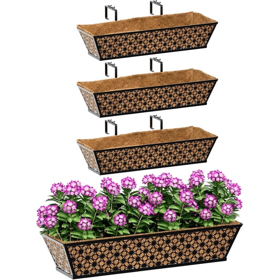 24" Window Boxes Planters, Heavy Duty Metal Railing Planter Boxes, Adjustable Balcony Planters for Railing Hanging, with Coco Liner & Tool Set for Deck, Porch, and Patio Gardening (4 Pack)