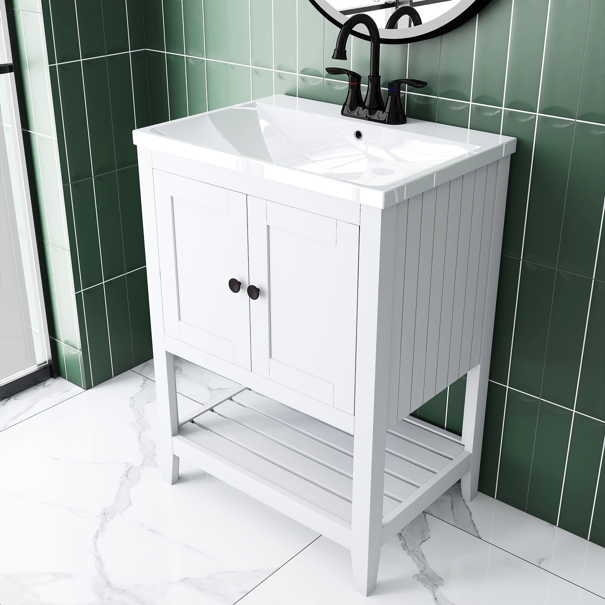 24" White Wood Freestanding Bathroom Vanity with Ceramic Sink