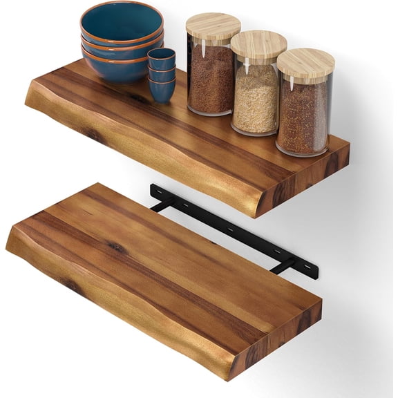 24" Wooden Live Edge Floating Shelves for Wall, Book Shelf Set of 2 | Acacia Wood, 100 Lbs Capacity, Wall Mounted, Hidden Steel Brackets, Hardware Included, Used for Bathroom, Bedroom, Kitchen