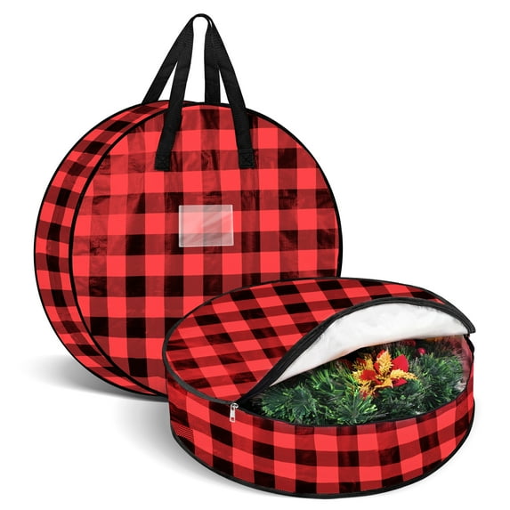 24" Wreath Storage Container with Handles, WeGuard Christmas Wreath Storage Bag, Garland Storage Bag Holiday Decoration Organizer - Buffalo Plaid Black/Red