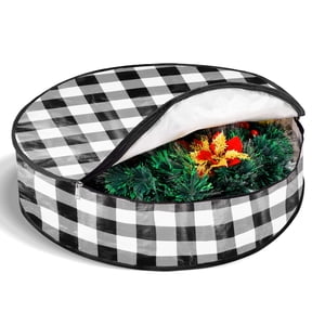 24" Wreath Storage Container with Handles, WeGuard Christmas Wreath Storage Bag, Garland Storage Bag Holiday Decoration Organizer - Buffalo Plaid Black/Red