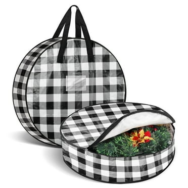 24" Wreath Storage Container with Handles, WeGuard Fabric Christmas Wreath Storage Bag, Protector, Garland Storage Bag Container - Holiday Decoration Organizer, 2 Pack, Buffalo Plaid Black and White