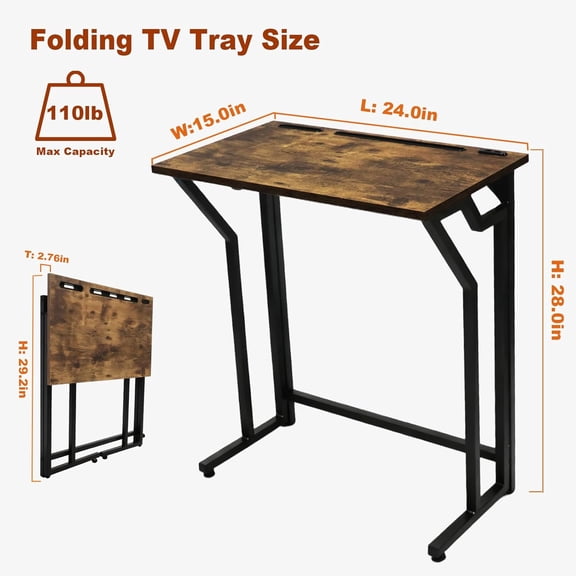 24"Wx 28"H Folding TV Tray for Eating, Foldable TV Dinner Table, Side Table Slide Under Couch, C-Shaped End Table with Devices Slot & Charging Stations, Small TV Tray for Living Room, Bedroom(Brown)