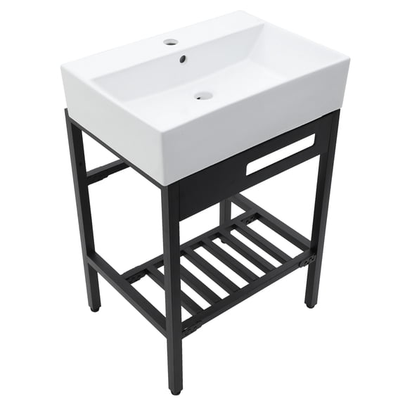 24" X 16.75" Bathroom Ceramic Console Sink With Overflow & Black Legs