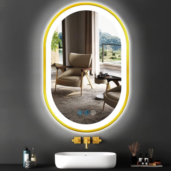 24 X 16 Inch Gold LED Oval Mirror with Lights Gold Frame Oval Lighted Vanity Mirror for Bathroom Wall Horizontal/Vertical Mount 3 Color Lights AntiFog 24in Golden Ovals Smart Light up Mirrors