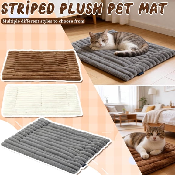 24" X 16" Striped Plush Pet Mat, Soft Fluffy Non-Slip Pet Bed Pad, Cozy Warm Sleeping Mat For Indoor Cats, Dogs And Small Pets, Machine Washable Pet Resting Mat For Home And Crate