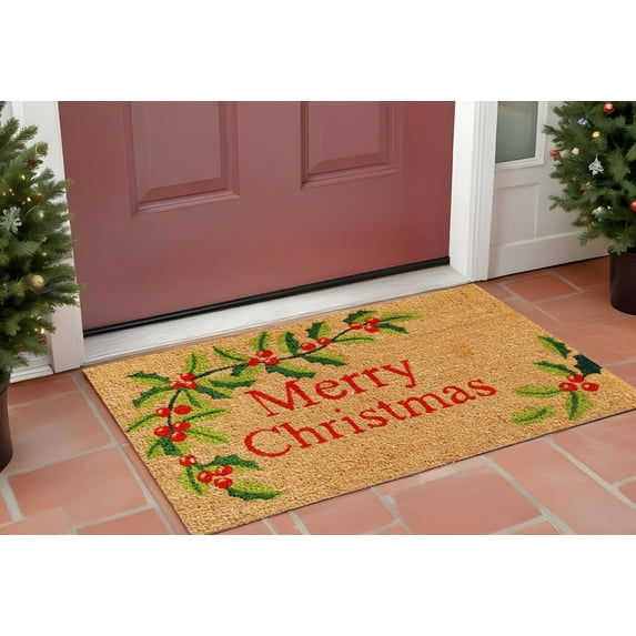 HomeRoots 555289 24 x 36 in. Natural Red & Green Coir Merry Christmas Outdoor Door Mat