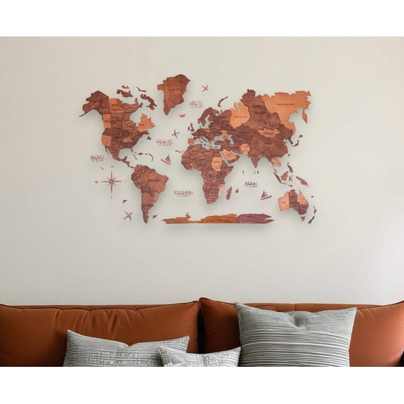 24" X 39" Brown and Tan Wood World Map Hanging Dimensional Sculpture