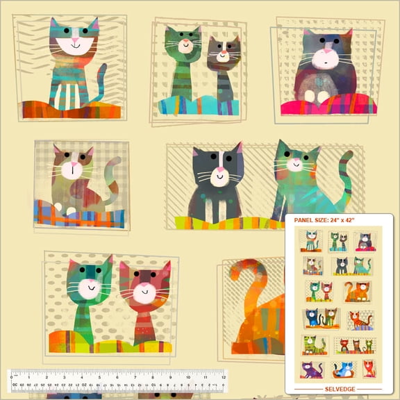 24" X 42" Panel Fur-ever Friends Pets Kittens Cats Cream Cotton Fabric D386.48