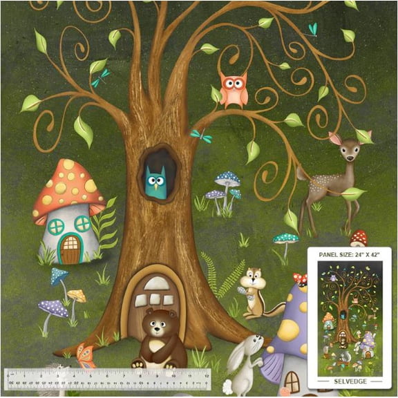 24" X 42" Panel Woodland Animals Enchanted Tree Cotton Fabric Panel D780.22