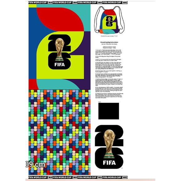 24" X 43" Panel FIFA World Cup Soccer Canvas Drawstring Bag Panel Cotton Fabric D667.94