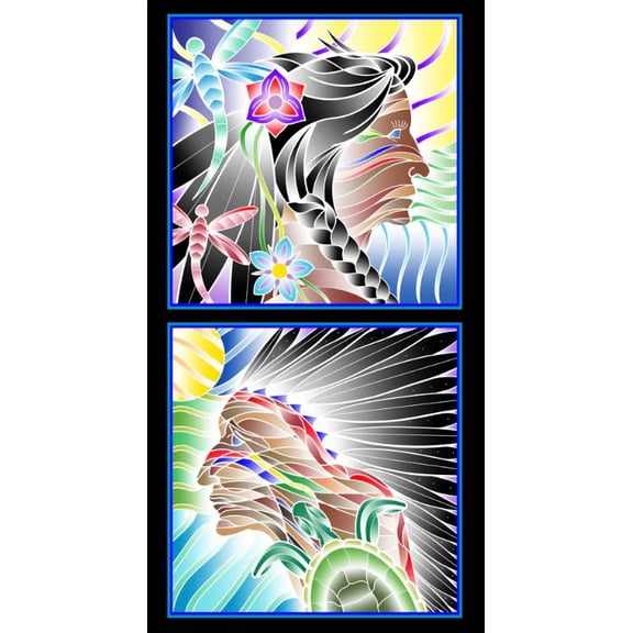 24" X 44" Panel A Warrior's Love Warriors Portraits Turtle Elizabeth Studios Multicolor Cotton Fabric Panel (52001BLACK)