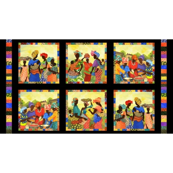 24" X 44" Panel African Story Quilt Baskets Headdress Patterned Black Cotton Fabric Panel (45000-BLACK) by Elizabeth Studios