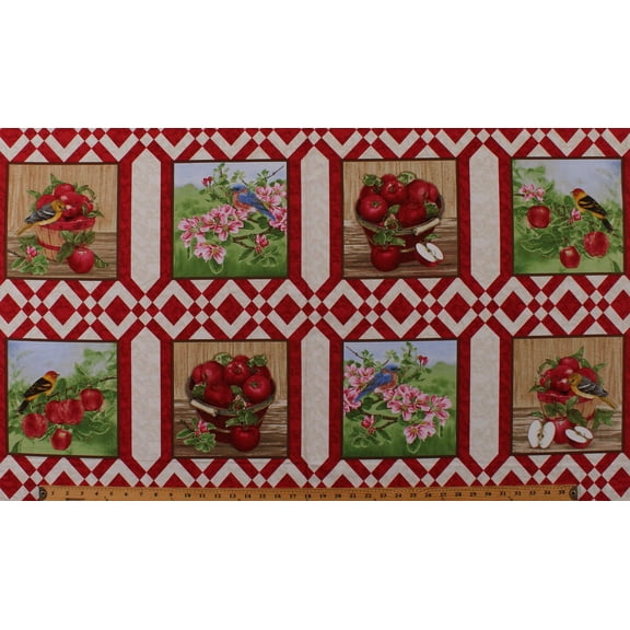 24" X 44" Panel Apples Baskets Birds Fruit Flowers Apple Blossoms Blue Birds Spring Autumn Harvest Apple Festival Cotton Fabric Panel (1517-48)