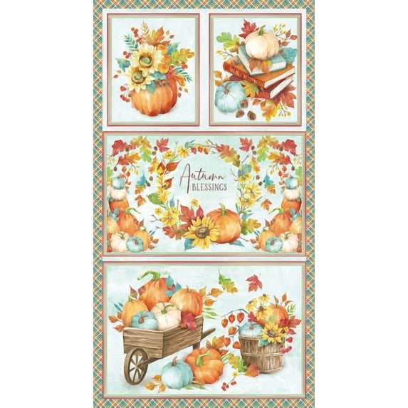 24" X 44" Panel Autumn Blessings Pumpkins Fall Leaves Sunflowers Harvest Light Blue Cotton Fabric Panel (3325P-11)