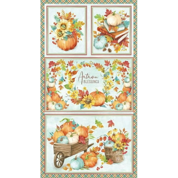 24" X 44" Panel Autumn Blessings Pumpkins Fall Leaves Sunflowers Harvest Light Blue Cotton Fabric Panel (3325P-11)