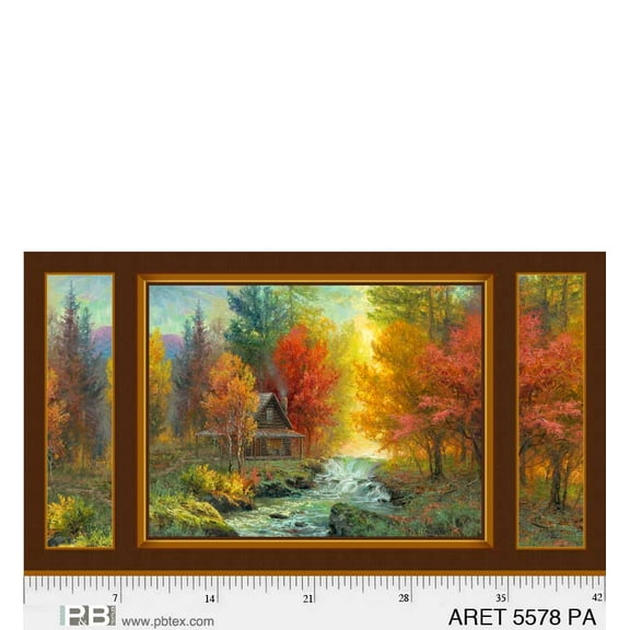 24" X 44" Panel Autumn Retreat Log Cabin Fall Leaves Waterfall Nature Scenic Cotton Fabric Panel (ARET-5578-PA)