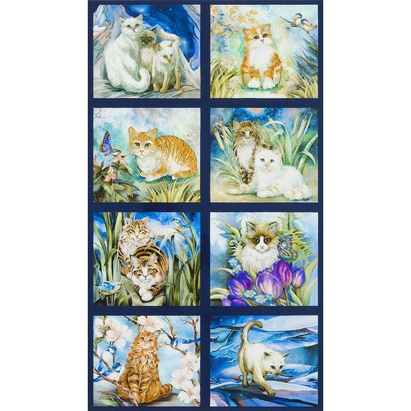 24" X 44" Panel Be Pawsitive Cats Felines Animals Navy Cotton Fabric Panel (ABKD-18346-238GARDEN)