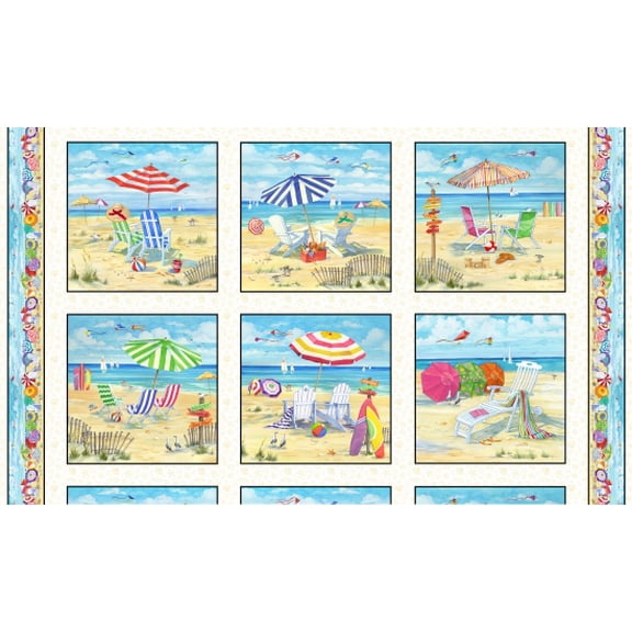 24" X 44" Panel Beach Vista Vacation Beach Chairs Beach Umbrellas Summertime White Cotton Fabric Panel (6510SAND)